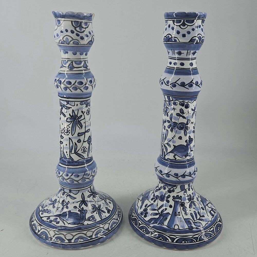 2 Vintage Chinoiserie Ceramic Pottery Hand Painted Candle Holders Portugal